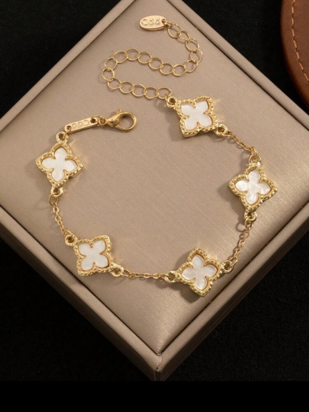Gold & White Clover Link Bracelet, White Clover Bracelet - Picture 3 of 5